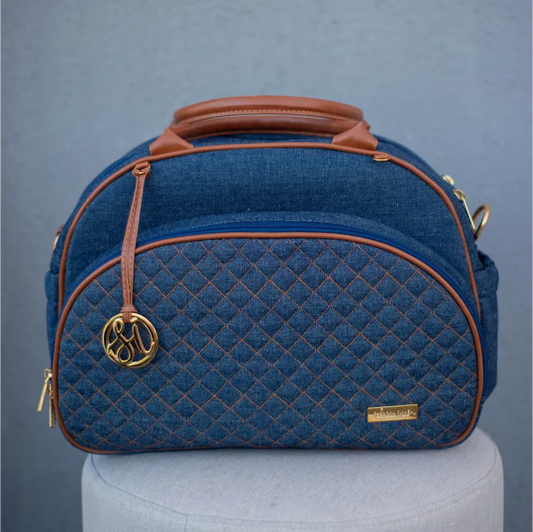Bolsa da Mamãe - Jeans Azul Marinho com Detalhes em Couro Caramelo